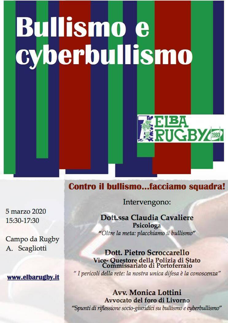 Bullismo e cyberbullismo, gli argomenti dell'evento formativo organizzato da "Elba Rugby For Life"