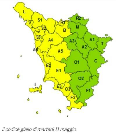 Pioggia e temporali forti, codice giallo martedì 11 maggio nella Toscana occidentale