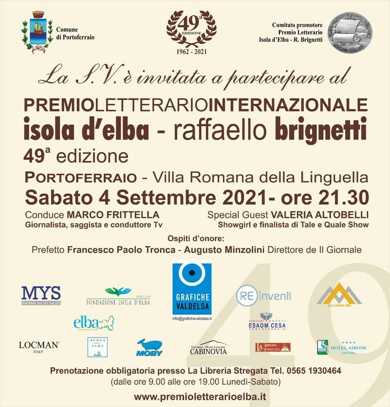 Sabato 4 settembre a Portoferraio la 49a edizione del Premio Letterario Internazionale Isola d'Elba - R. Brignetti