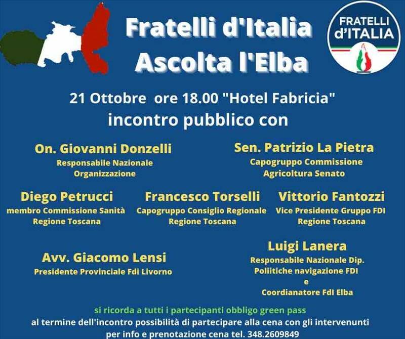 Fratelli d'Italia, giovedì 21 ottobre un incontro con i cittadini Elbani