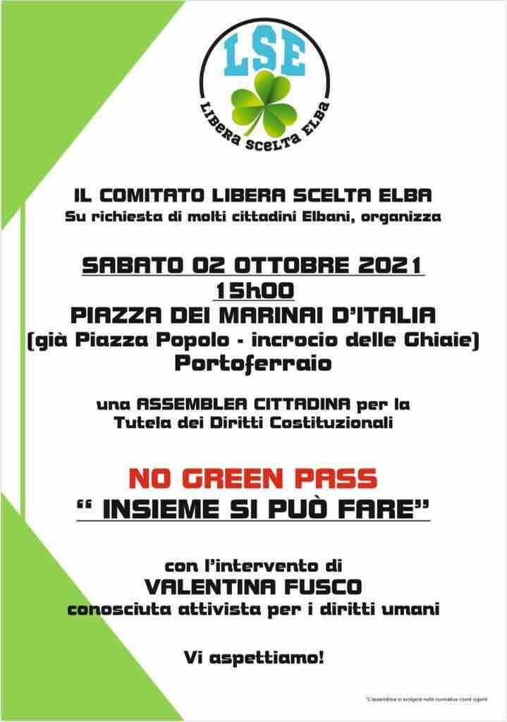 No Green Pass "Insieme si può fare", sabato 2 ottobre l'evento organizzato dal Comitato Libera Scelta Elba